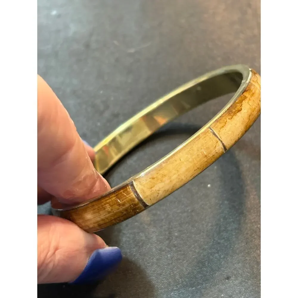 Vintage Bone Bangle Bracelet 18g Inlaid Bone With Brass Liner Size 8”